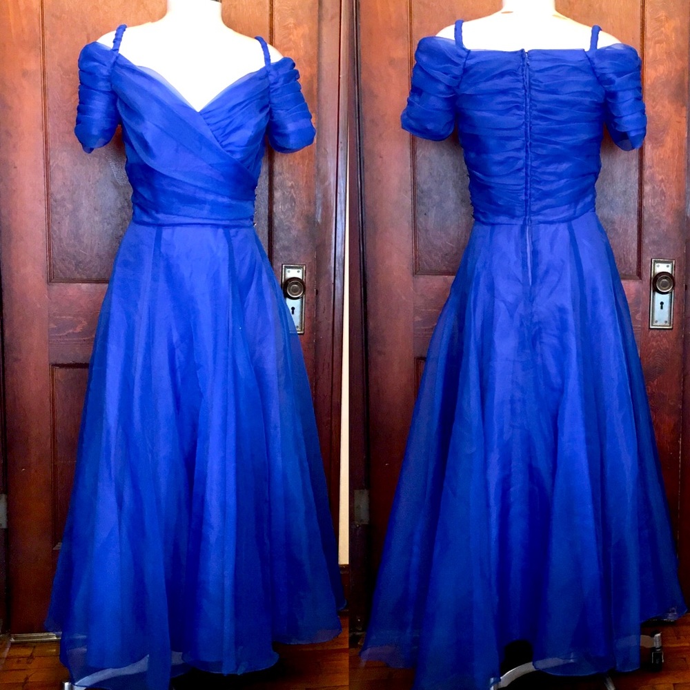 Vintage ILGWU Sapphire Blue Organza Off Shoulder Gown